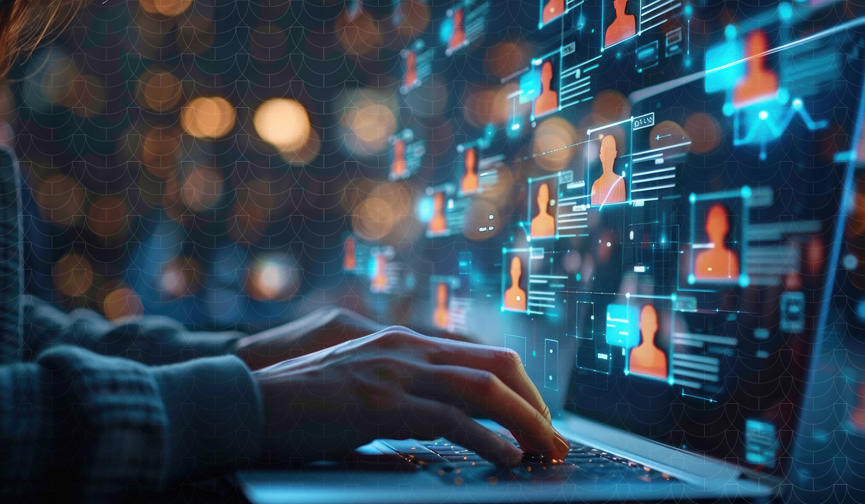 Hands typing on a laptop with digital identity profiles displayed on the screen, representing secure user authentication and access control systems