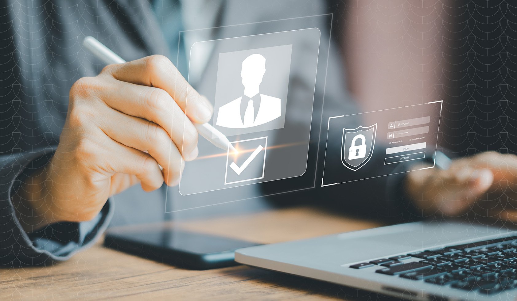 Visitor check-in system verifying a guest’s identity—stylus signing on a tablet beside a laptop, secure login and approval icons; digital visitor management