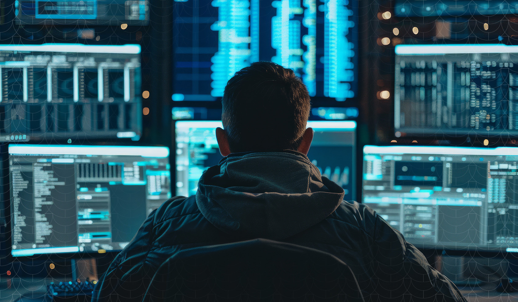 Security analyst reviewing multiple real-time data dashboards on computer monitors