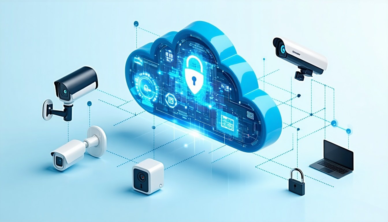 Cloud-based security system illustration showing multiple surveillance cameras and a laptop connected to a glowing digital cloud with a padlock symbol, representing remote access control and data protection.