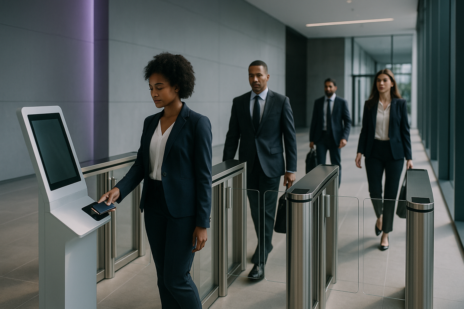 Enterprise identity management in action—professionals in business attire using mobile access control at secure turnstiles in a modern corporate lobby