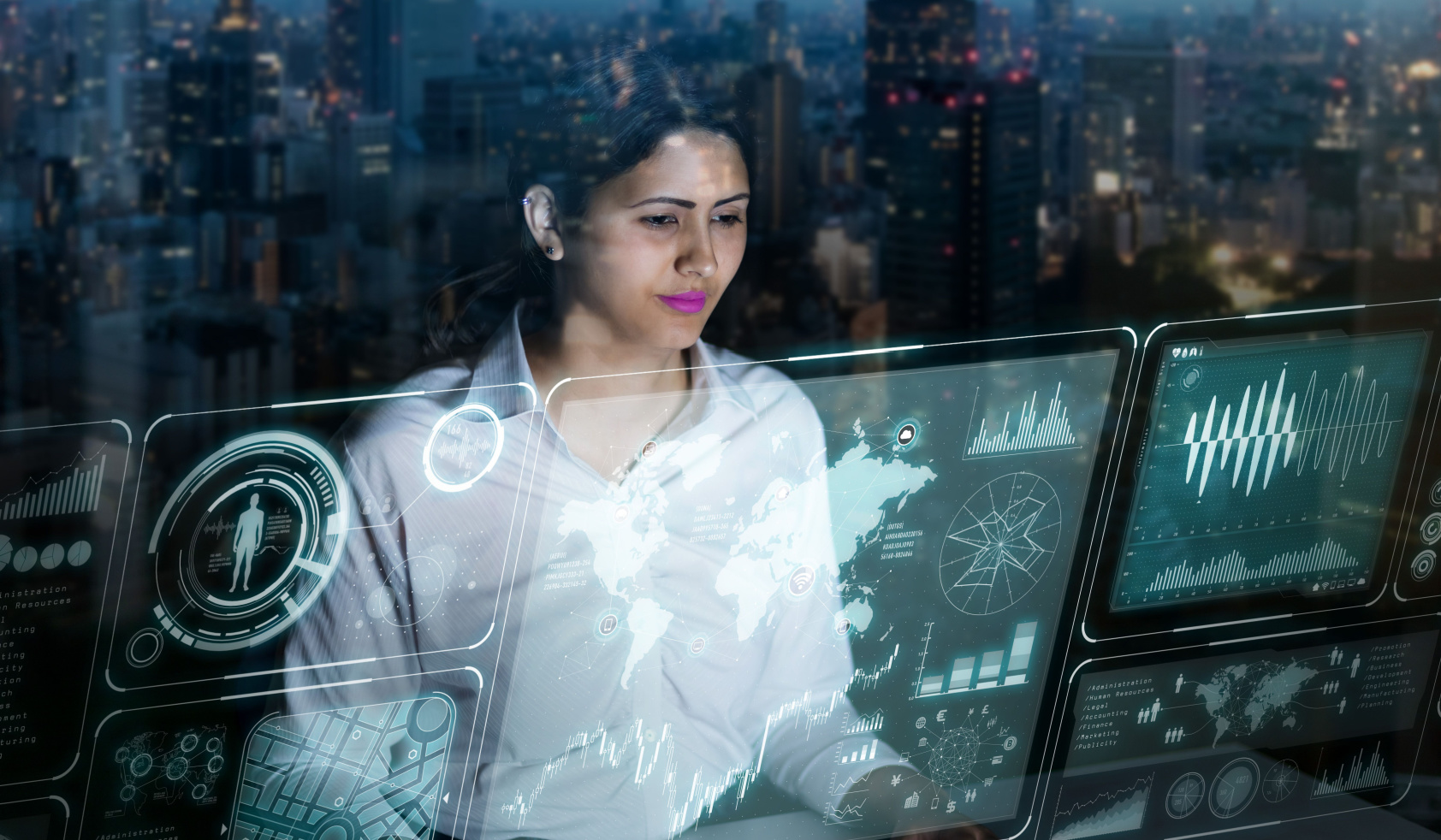 businesswoman looking at futuristic interface screen.